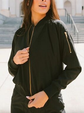 Albion Fit Black Jetsetter Bomber Jacket Gold Zippers XS